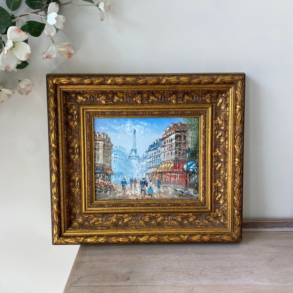 Vintage Paris Cityscape Eiffel Tower Original Painting Gild Ornate Frame